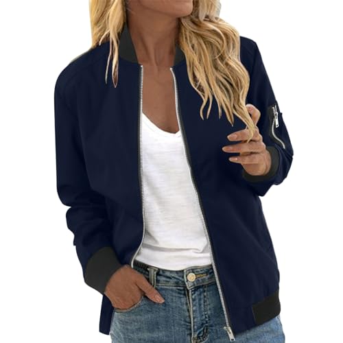 Bomberjacke Damen Blau, Damen Jacke, Pilotenjacke Langarm Zip Up Fliegerjacke Leicht Dünne Bomber Jacket Einfarbiges Klassisch Frühlingsjacke Schicke Lässiger Outwear Teenager Mädchen Outdoor von Eauptffy