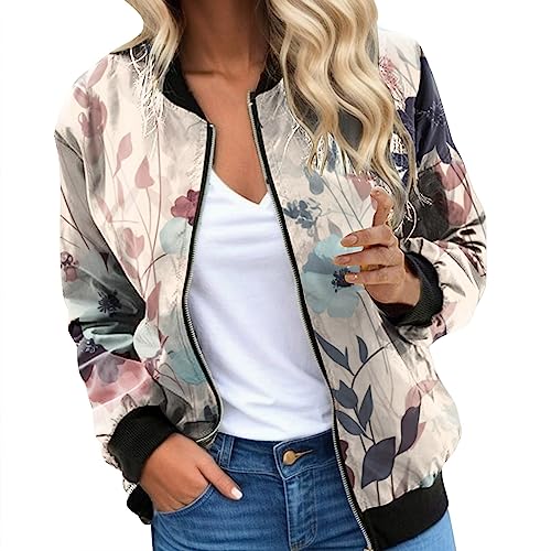 Bomberjacke Damen Blau, Leichte Jacke Damen Sommer, Pilotenjacke Langärmliges Zip Fliegerjacke Dünne Bequeme Bomber Jacket Gedruckte Modern Bikerjacke Lässiger Elegantes Outwear Sommer Mädchen von Eauptffy