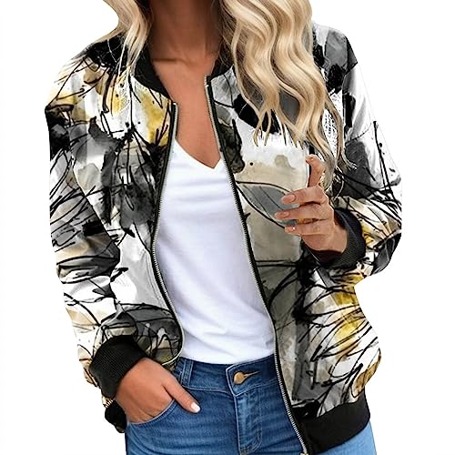 Bomberjacke Damen Blumen, Blouson Damen Schwarz Elegant, Pilotenjacke Zipper Langen Ärmeln Fliegerjacke Leicht Dünn Outdoorjacke Trend Druck Frühlingsjacke Schicke Lässig Trenchcoat College Ladies von Eauptffy