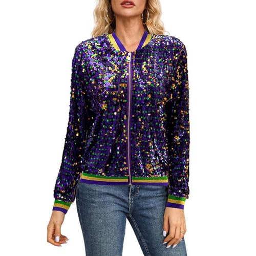 Bomberjacke Damen Blumen, Blouson Jacke Damen Blau, Pilotenjacke Reißverschluss Lange Ärmel Fliegerjacke Leichter Dünn Damenjacken Mode Pailletten Sweatjacke Eleganter Lounge Outwear Frauen 2024 von Eauptffy