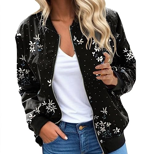 Bomberjacke Damen Bunt, Blouson Damen Schwarz Elegant, Pilotenjacke Langen Ärmeln Zipper Fliegerjacke Leichte Dünn Damenjacken Trend Gedrucktes Frühlingsjacke Elegant Lässiges Outwear Winter Frauen von Eauptffy