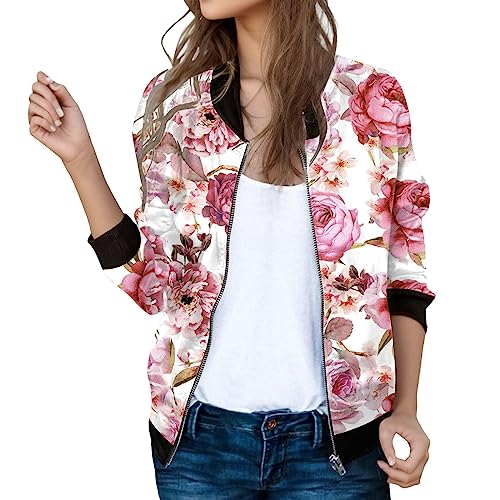 Bomberjacke Damen Bunt, Blouson Jacke Damen Sommer, Pilotenjacke Langen Ärmeln Zip Fliegerjacke Leichter Dünne Sommerjacke Aufdruck Stilvolle Regenjacke Lounge Eleganter Jacket Outdoor Ladies von Eauptffy