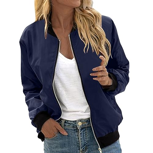 Bomberjacke Damen Grün, Blouson Damen Blau, Pilotenjacke Reißverschluss Langarm Fliegerjacke Dünn Bequemer Outdoorjacke Einfarbig Klassisch Frühlingsjacke Freizeit Schicke Trenchcoat Frauen Sommer von Eauptffy