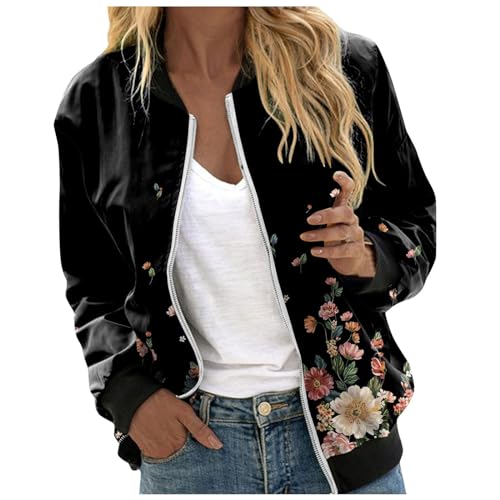 Bomberjacke Damen Grün, Blouson Damen Blumen, Pilotenjacke Reißverschluss Lange Ärmel Fliegerjacke Kuschelig Dünn Outdoorjacke Bedruckte Modern Übergangsjacke Casual Elegante Jacken Mädchen Outdoor von Eauptffy