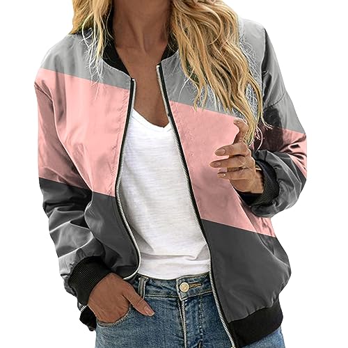 Bomberjacke Damen Grün, Blouson Damen Schwarz Elegant, Pilotenjacke Zip Langärmliges Fliegerjacke Dünn Bequemer Damenjacke Farbblock Mode Bikerjacke Elegant Lässiges Outwear 2024 Teenager Mädchen von Eauptffy