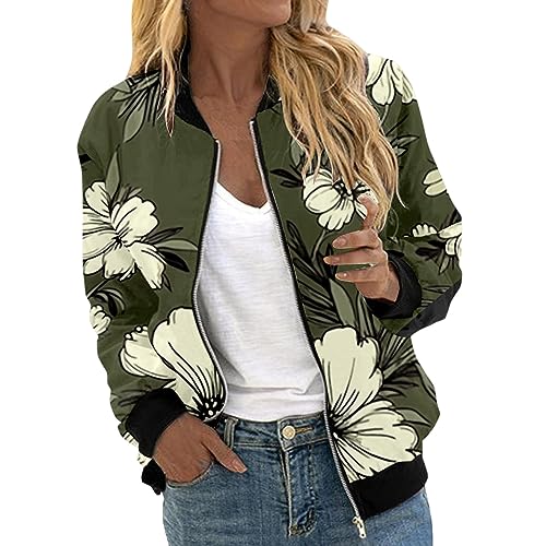 Bomberjacke Damen Grün, Leichte Jacke Damen, Pilotenjacke Reißverschluss Langärmliges Fliegerjacke Leichter Dünn Sommerjacken Gedrucktes Modische Regenjacke Elegant Lässig Wintermantel Ladies Outdoor von Eauptffy