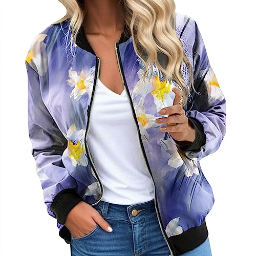 Bomberjacke Damen Schwarz, Blouson Damen, Pilotenjacke Reißverschluss Langarm Fliegerjacke Dünne Kuschelig Sommerjacke Drucken Trend Funktionsjacke Lounge Eleganter Outwear Teenager Mädchen College von Eauptffy