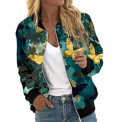 Bomberjacke Damen Sommer, Blouson Damen Blau, Pilotenjacke Langen Ärmeln Reißverschluss Fliegerjacke Dünne Leicht Damenblouson Druck Stilvolle Frühlingsjacke Lässig Elegant Windbreaker Sommer Frauen von Eauptffy