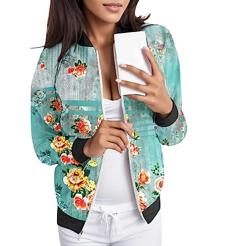 Bomberjacke Damen Sommer, Blouson Damen Blumen, Pilotenjacke Langarm Reißverschluss Fliegerjacke Leicht Dünn Damenjacke Stilvolle Drucken Regenjacke Elegante Beiläufig Windjacke Outdoor Mädchen von Eauptffy