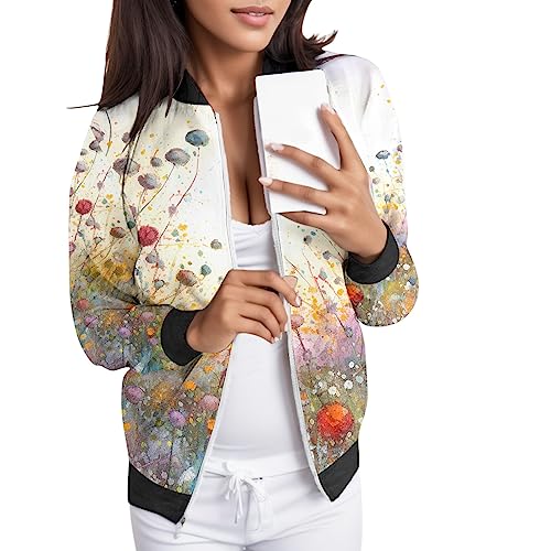 Bomberjacke Damen Sommer, Blouson Damen Sommer, Pilotenjacke Zipper Langen Ärmeln Fliegerjacke Dünn Bequemer Bomber Jacket Stilvolle Aufdruck Übergangsjacke Elegantes Lounge Coat Mädchen Sommer von Eauptffy