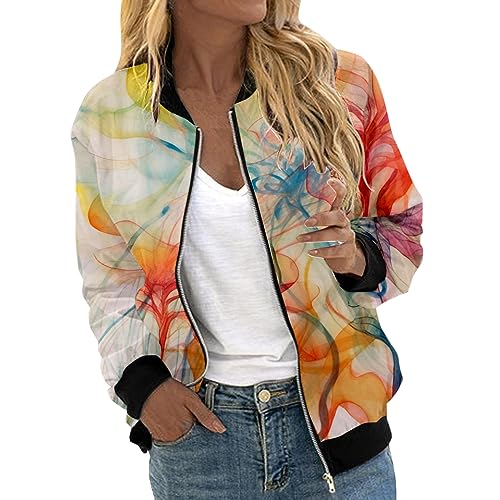 Bomberjacke Damen Sommer, Collegejacke für Damen, Pilotenjacke Reißverschluss Lange Ärmel Fliegerjacke Kuschelig Dünn Freizeitjacke Gedruckte Mode Funktionsjacke Eleganter Casual Coat College Ladies von Eauptffy