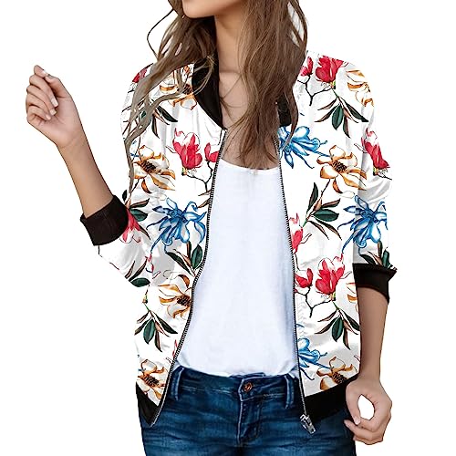 Bomberjacke Damen Sommer, Schwarzer Blouson Damen, Pilotenjacke Langarm Reissverschluss Fliegerjacke Dünne Bequeme Sommerjacke Drucken Mode Regenjacke Elegante Beiläufig Windbreaker Mädchen Outdoor von Eauptffy