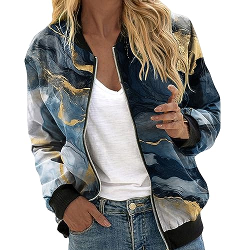 Bomberjacke Damen Winter, Schwarzer Blouson Damen, Pilotenjacke Lange Ärmel Reißverschluss Fliegerjacke Leicht Dünn Damenjacke Gedruckter Modern Bikerjacke Elegant Lounge Jacke 2024 Teenager Mädchen von Eauptffy