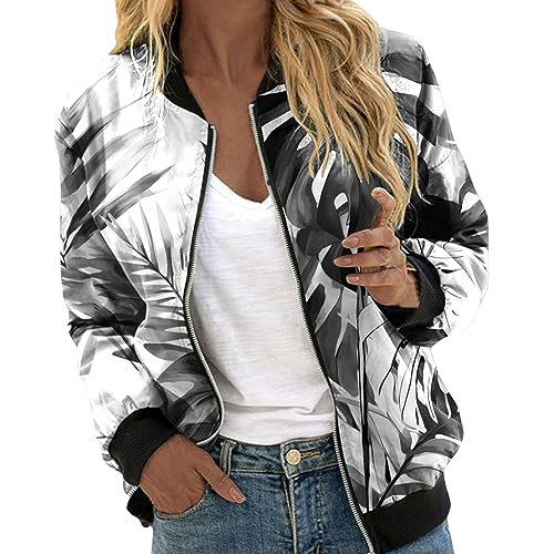 Bomberjacke Weiß, Blouson Jacke Damen Weiß, Pilotenjacke Reißverschluss Langarm Fliegerjacke Bequeme Dünne Freizeitjacke Bedruckter Stilvolle Collegejacke Elegantes Lässige Outwear 2024 Ladies von Eauptffy