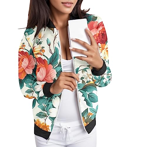 Damen Bomberjacke, Leichte Sommerjacke Damen, Pilotenjacke Langen Ärmeln Reissverschluss Fliegerjacke Dünne Komfort Freizeitjacke Modern Bedruckte Bikerjacke Casual Eleganter Windbreaker 2024 Mädchen von Eauptffy