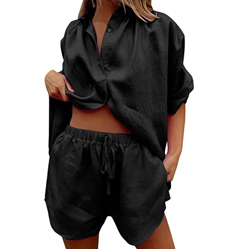 Damen Zweiteiler Sommer, Leinen Hemd und Shorts, Hausanzug Langarm Umlegekragen Musselin Set Atmungsaktiv Leichte Sport Anzug Solide Y2k Two Piece Set Lose Casual Strand Tunika Laufen von Eauptffy