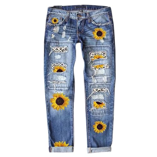 Eauptffy 2023 Damen Skinny Jeanshosen Hohe Taille Slim Fit Damenjeans Damen-Jeans Mit Ausgefransten Sonnenblumen-Leopardenmustern Und Zerrissener Mittlerer Taille Jeanshosen 40 von Eauptffy