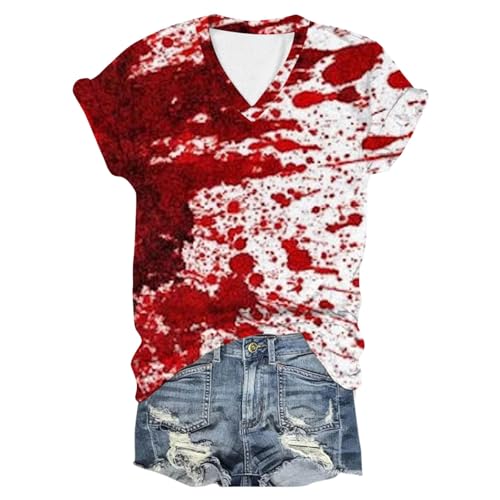 Eauptffy Blutiges T-Shirt Damen, Damenoberteile Modern Sommer, Tshirt Blood Horror Shirts Kurzärmeliger V-Ausschnitt Tee Top mit Blut Bluse Beiläufig Leichter Blutspritzer Kostüm Halloween von Eauptffy