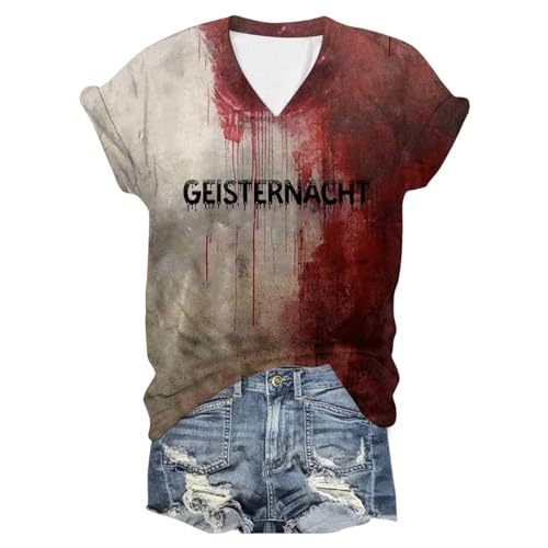 Eauptffy Blutiges T-Shirt Halloween, Damen Sommer Oberteile, T-Shirts Blood Horror Shirt Kurzarm V Ausschnitt Tee Top mit Blutigem Bedrucktes Blusen Weich Lounge Festlich Straßenkleidung Halloween von Eauptffy