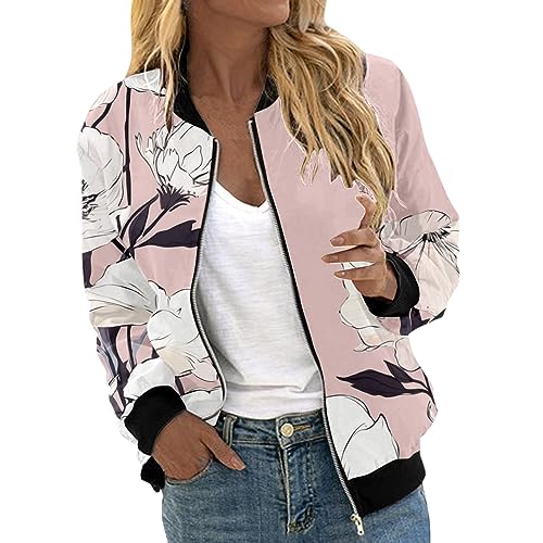 Eauptffy Bomberjacke Damen, Blouson Damen Schwarz, Pilotenjacke Lange Ärmel Zipper Fliegerjacke Dünn Bequeme Freizeitjacke Gedruckte Trend Collegejacke Elegante Freizeit Jacke Sommer Frauen von Eauptffy