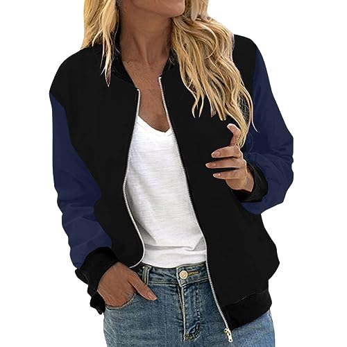 Eauptffy Bomberjacke Damen, Blouson Jacke Damen Große Größen, Pilotenjacke Lange Ärmel Zip Fliegerjacke Dünne Komfort Damenjacken Modische Farbblock Sweatjacke Elegant Freizeit Jacket Ladies College von Eauptffy