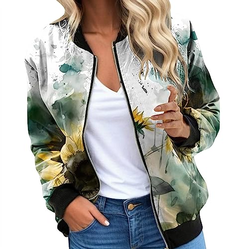 Eauptffy Bomberjacke Damen, Dünne Jacke Damen, Pilotenjacke Langen Ärmeln Zipper Fliegerjacke Dünne Weich Bomber Jacket Gedrucktes Modische Bikerjacke Lässige Eleganter Windjacke Outdoor Mädchen von Eauptffy