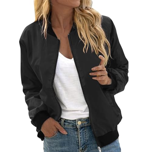 Eauptffy Bomberjacke Damen, Leichte Jacke Damen, Pilotenjacke Langärmliges Zipper Fliegerjacke Dünne Bequemer Sommerjacken Solide Basic Regenjacke Lässiger Elegante Jacket 2024 Mädchen von Eauptffy