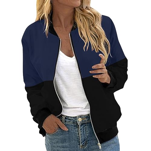 Eauptffy Bomberjacke Damen, Leichte Jacke Damen, Pilotenjacke Zip Up Langarm Fliegerjacke Dünne Leichter Freizeitjacke Stilvolle Farbblock Funktionsjacke Elegant Freizeit Trenchcoat Sommer Ladies von Eauptffy