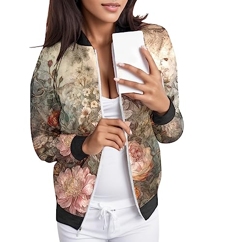 Eauptffy Bomberjacke Damen, Sommerjacke Damen, Pilotenjacke Langen Ärmeln Zipper Fliegerjacke Bequemer Dünn Sommerjacke Trend Bedrucktes Regenjacke Schicke Lässiges Windbreaker Sommer Frauen von Eauptffy