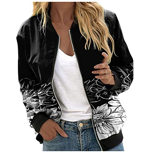 Eauptffy Bomberjacke Damen Beige, Blouson Jacke Damen, Pilotenjacke Langarm Reißverschluss Fliegerjacke Weich Dünn Damenjacken Modische Gedruckte Übergangsjacke Lässig Elegant Outwear Winter Mädchen von Eauptffy