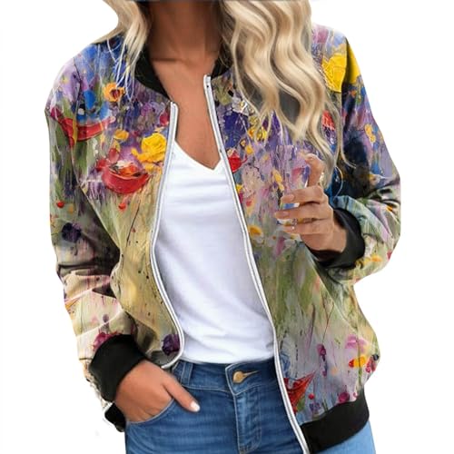 Eauptffy Bomberjacke Damen Blau, Blouson Damen Blau, Pilotenjacke Langärmliges Zip Up Fliegerjacke Leichte Dünn Damenblouson Modern Bedruckte Collegejacke Casual Schicke Jacket Outdoor Frauen von Eauptffy