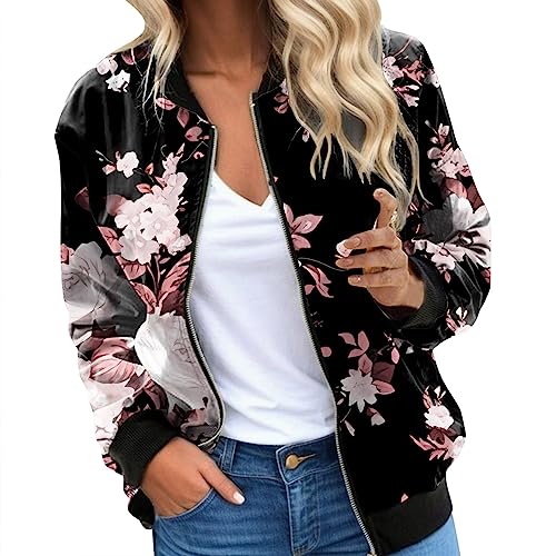 Eauptffy Bomberjacke Damen Blau, Blouson Damen Schwarz, Pilotenjacke Lange Ärmel Reißverschluss Fliegerjacke Dünne Leichte Damenblouson Druck Modern Sweatjacke Elegant Lounge Mantel Mädchen 2024 von Eauptffy