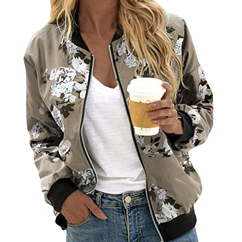 Eauptffy Bomberjacke Damen Blumen, Leichte Jacke Damen, Pilotenjacke Langarm Zipper Fliegerjacke Leichter Dünne Damenjacke Modern Druck Collegejacke Elegante Lässiges Mantel College Mädchen von Eauptffy