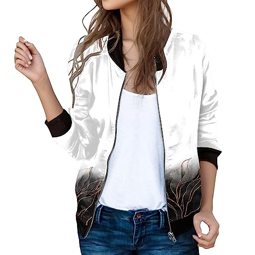 Eauptffy Bomberjacke Damen Blumen, Schwarzer Blouson Damen, Pilotenjacke Zipper Lange Ärmel Fliegerjacke Dünne Bequeme Outdoorjacke Mode Bedruckter Übergangsjacke Elegant Lässiger Jacken Ladies 2024 von Eauptffy