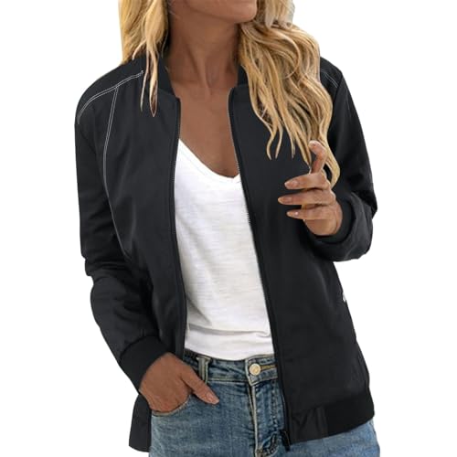 Eauptffy Bomberjacke Damen Bunt, Blouson Damen Sommer, Pilotenjacke Langen Ärmeln Reißverschluss Fliegerjacke Dünn Weich Damenjacken Solide Basic Regenjacke Freizeit Elegantes Jacket College Frauen von Eauptffy