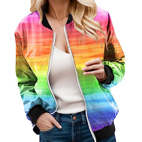 Eauptffy Bomberjacke Damen Bunt, Leichte Jacke Damen, Pilotenjacke Reißverschluss Langarm Fliegerjacke Bequemer Dünne Outdoorjacke Modern Drucken Regenjacke Elegant Beiläufig Jacket Ladies College von Eauptffy