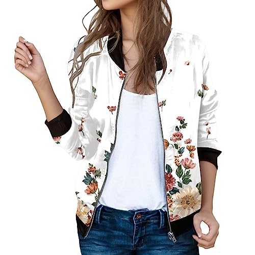 Eauptffy Bomberjacke Damen Grün, Blouson Damen mit Blumen, Pilotenjacke Langarm Reißverschluss Fliegerjacke Dünne Komfort Sommerjacke Mode Drucken Funktionsjacke Lounge Elegante Jacken 2024 Frauen von Eauptffy