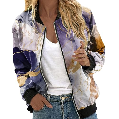 Eauptffy Bomberjacke Damen Schwarz, Blouson Damen Sommer, Pilotenjacke Lange Ärmel Zip Fliegerjacke Dünn Weich Sommerjacken Gedruckte Modische Bikerjacke Elegant Lässige Windbreaker Sommer Frauen von Eauptffy