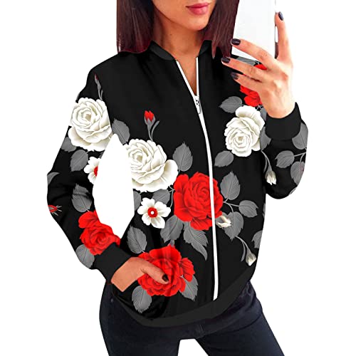 Eauptffy Bomberjacke Damen Schwarz, Blouson Jacke Damen Gold, Pilotenjacke Zip Langarm Fliegerjacke Dünn Bequemer Damenjacke Gedruckt Modische Funktionsjacke Eleganter Lounge Jacken Mädchen 2024 von Eauptffy