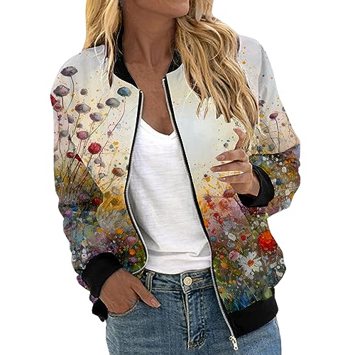 Eauptffy Bomberjacke Damen Schwarz, Damen Jacke, Pilotenjacke Reißverschluss Langärmliges Fliegerjacke Bequeme Dünne Sommerjacke Modische Druck Sweatjacke Lässige Elegant Coat Ladies 2024 von Eauptffy