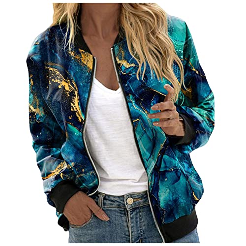 Eauptffy Bomberjacke Damen Sommer, Blouson Damen mit Blumen, Pilotenjacke Zip Up Langärmliges Fliegerjacke Dünne Komfort Bomber Jacket Trend Drucken Übergangsjacke Elegantes Freizeit Coat 2024 Ladies von Eauptffy