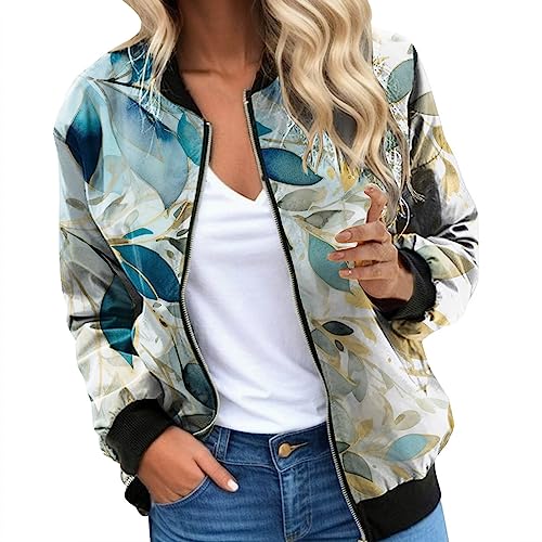 Eauptffy Bomberjacke Damen Sommer, Jacken Damen, Pilotenjacke Reissverschluss Langärmliges Fliegerjacke Dünn Bequeme Damenjacken Bedruckte Trend Regenjacke Lässiger Elegante Trenchcoat 2024 Ladies von Eauptffy