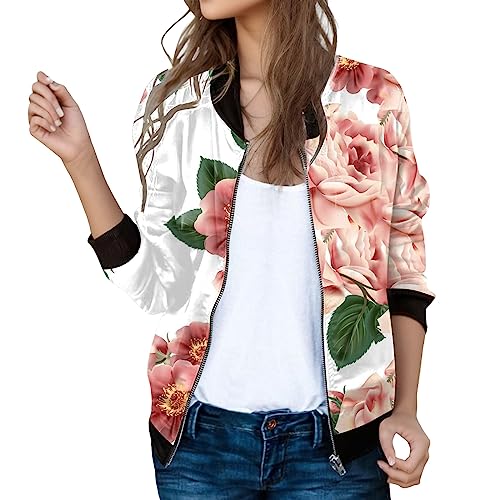 Eauptffy Bomberjacke Damen Winter, Blouson Damen, Pilotenjacke Zipper Langarm Fliegerjacke Dünn Leichter Bomber Jacket Drucken Mode Collegejacke Lässiges Schicke Trenchcoat Frauen Outdoor von Eauptffy