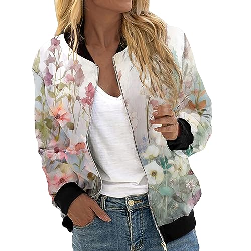 Eauptffy Bomberjacke Damen Winter, Blouson Damen Weiß, Pilotenjacke Lange Ärmel Zip Up Fliegerjacke Dünn Leicht Sommerjacken Drucken Modische Sweatjacke Casual Elegantes Coat Ladies College von Eauptffy