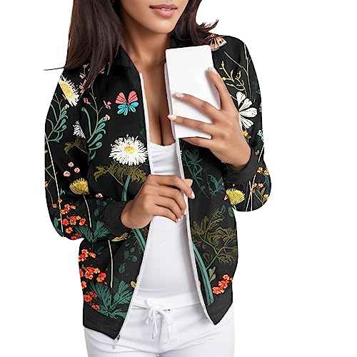 Eauptffy Bomberjacke Weiß, Blouson Damen, Pilotenjacke Langarm Zip Up Fliegerjacke Dünne Kuschelig Bomber Jacket Trend Aufdruck Sweatjacke Elegant Freizeit Jacken Teenager Mädchen Outdoor von Eauptffy