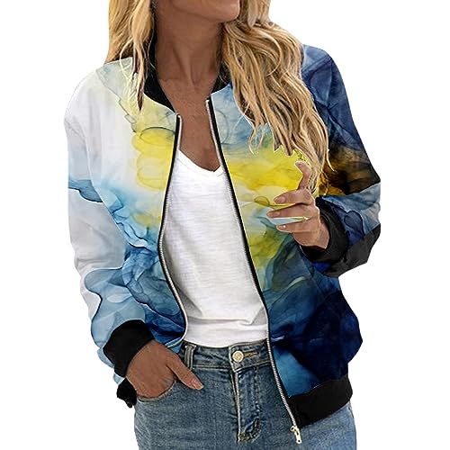 Eauptffy Bomberjacke Weiß, Blouson Damen Blumen, Pilotenjacke Langen Ärmeln Zipper Fliegerjacke Weich Dünne Damenjacken Modische Gedruckter Collegejacke Elegante Freizeit Jacken Sommer Frauen von Eauptffy