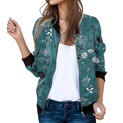 Eauptffy Bomberjacke Weiß, Blouson Jacke Damen Blau, Pilotenjacke Zip Lange Ärmel Fliegerjacke Dünn Kuschelig Sommerjacke Trend Gedrucktes Frühlingsjacke Lounge Schicke Windjacke Ladies College von Eauptffy