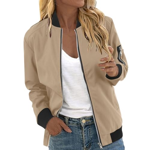 Eauptffy Bomberjacke Weiß, Dünne Jacke Damen, Pilotenjacke Langärmliges Zip Up Fliegerjacke Bequeme Dünn Damenblouson Basic Solide Regenjacke Schicke Lässiges Jacket Outdoor Ladies von Eauptffy