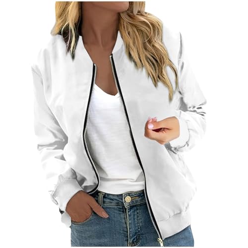 Eauptffy Bomberjacke Weiß, Leichte Jacke Damen, Pilotenjacke Langarm Zipper Fliegerjacke Dünne Weich Freizeitjacke Basic Solid Bikerjacke Beiläufig Eleganter Jacke Outdoor Frauen von Eauptffy