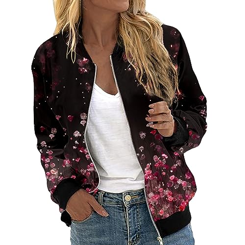 Eauptffy Damen Bomberjacke, Blouson Damen Schwarz Elegant, Pilotenjacke Zip Langen Ärmeln Fliegerjacke Bequemer Dünne Damenjacken Druck Stilvolle Funktionsjacke Beiläufig Elegant Jacken Frauen Sommer von Eauptffy